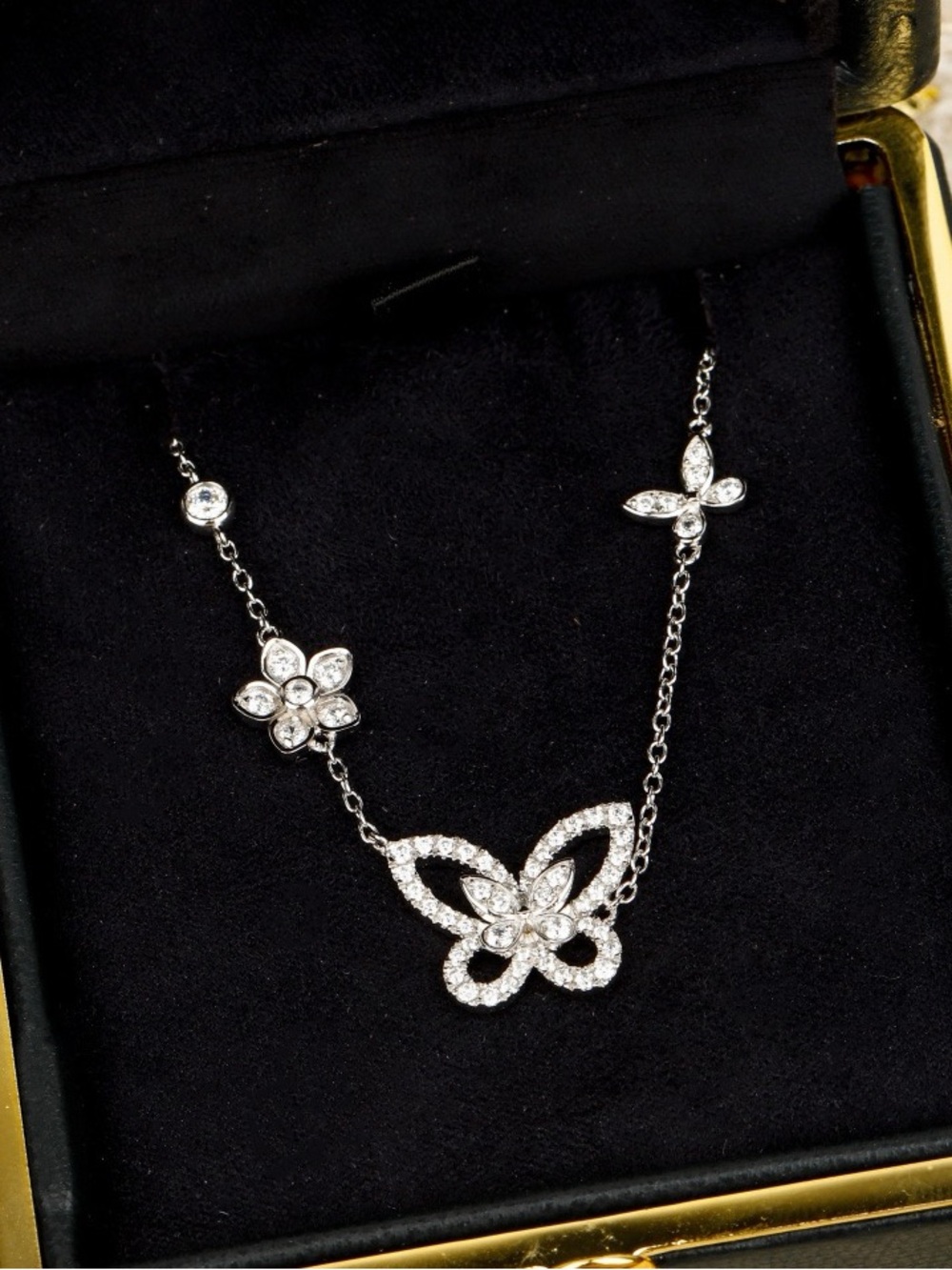 Dazzling Silver Butterfly and Floral Crystal Necklace